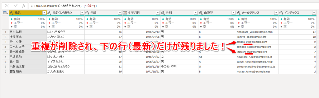 重複が削除され下の行（最新の行）だけが残った結果